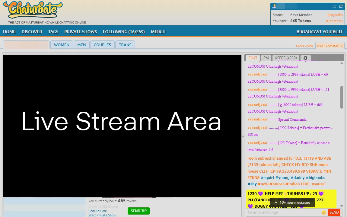 Chaturbate chat room interface showing interactive features and token tipping system