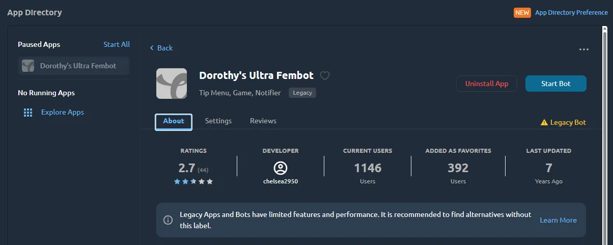 UltraBot configuration panel backend showing tip menu setup