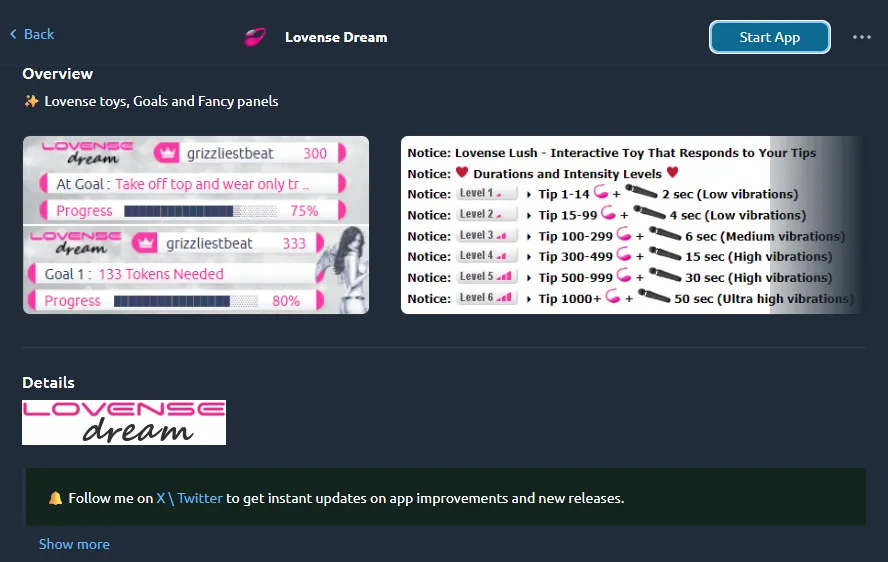 Lovense Dream app settings connecting lush toy to tokens