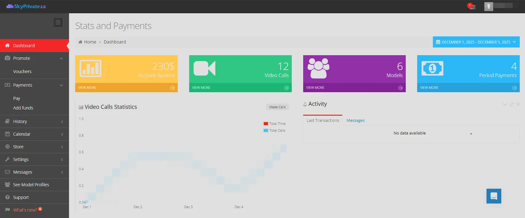 SkyPrivate user dashboard showing account balance and call stats