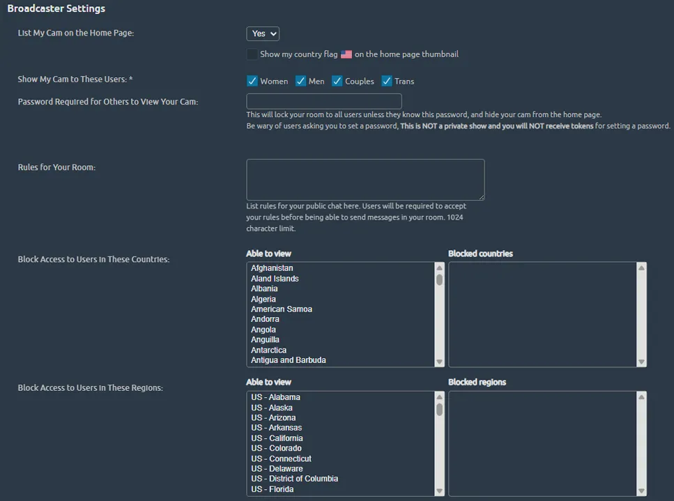 Chaturbate privacy and geo-blocking settings for model safety and anonymity