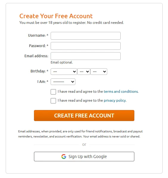 Modulo di iscrizione Chaturbate 2025