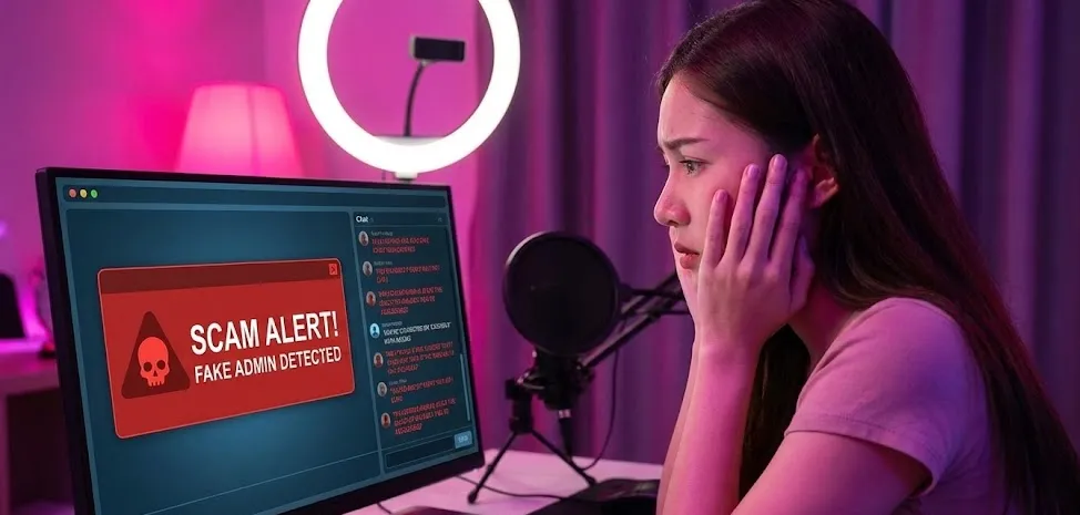 Young webcam model looking worried at her laptop screen displaying a red 'SCAM ALERT! FAKE ADMIN DETECTED' warning